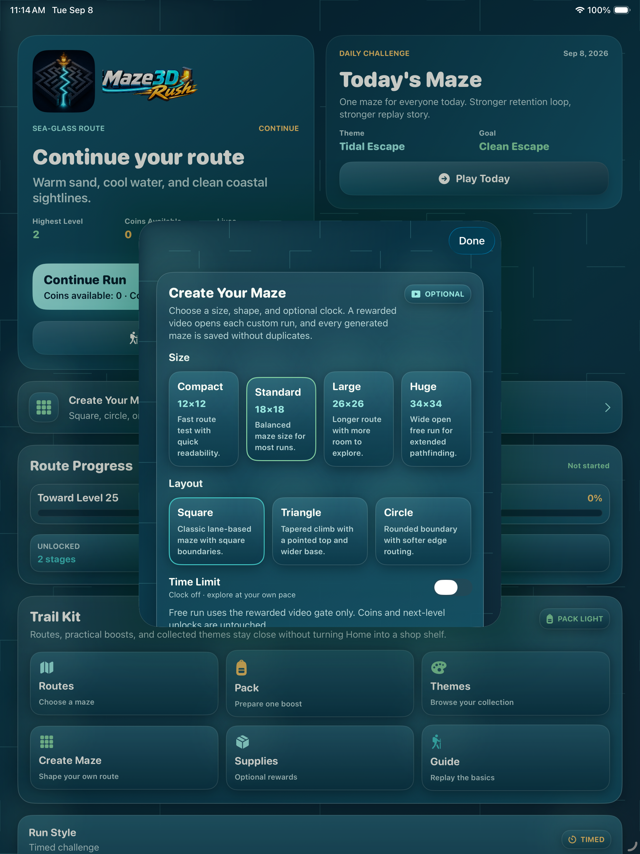 Create Your Maze screen on iPad in the Tidal Escape theme.