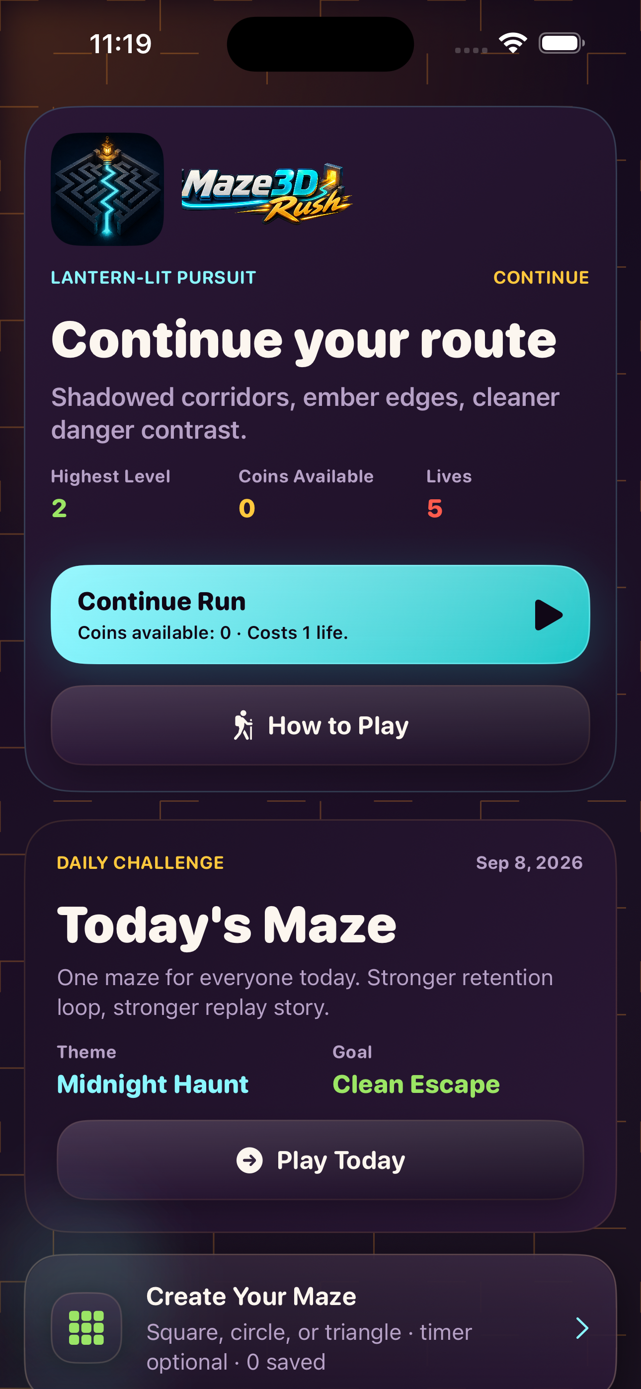 Maze3D Rush home screen in the Midnight Haunt theme, showing level progress, coins, lives, and the Continue Run button.