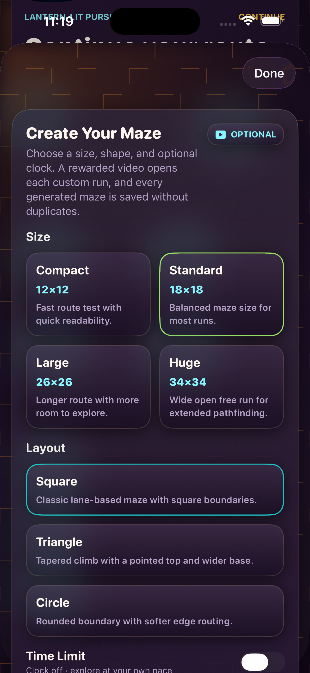 Create Your Maze screen on iPhone, with maze size, shape, and time-limit choices.