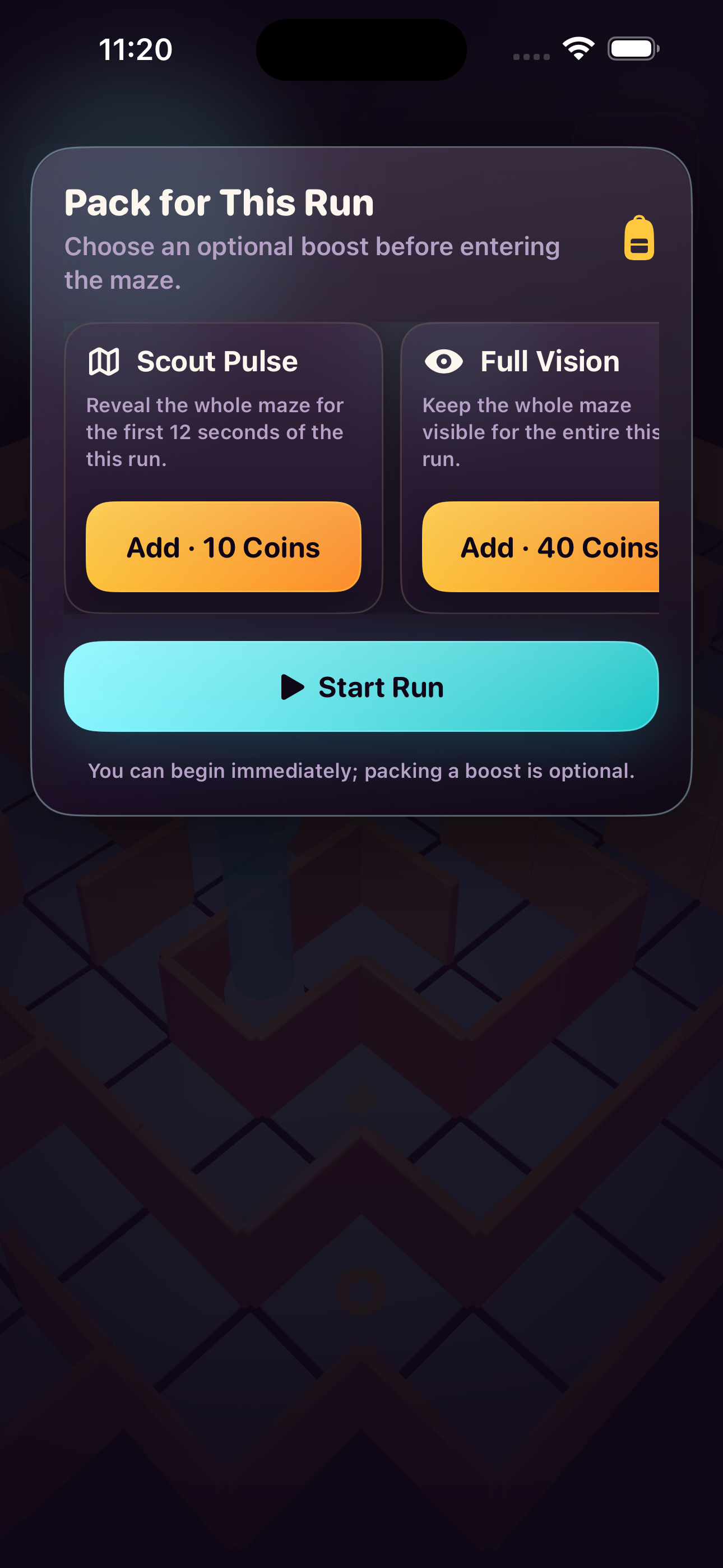 Pack for This Run screen on iPhone, with scout, beacon, time, and visibility options.