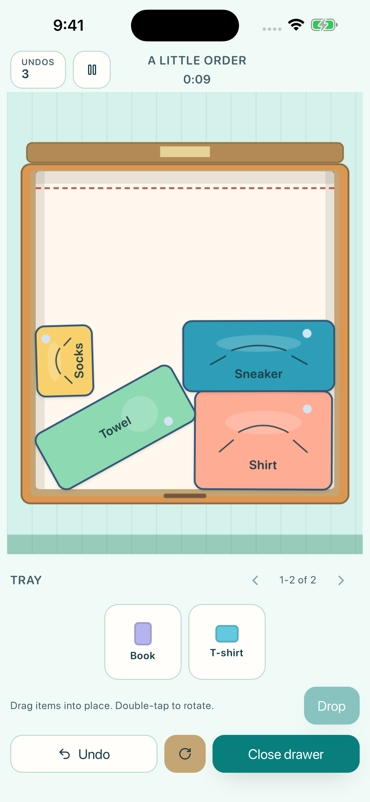 Pack the Chaos gameplay showing Pack a drawer, draggable objects and a round timer.