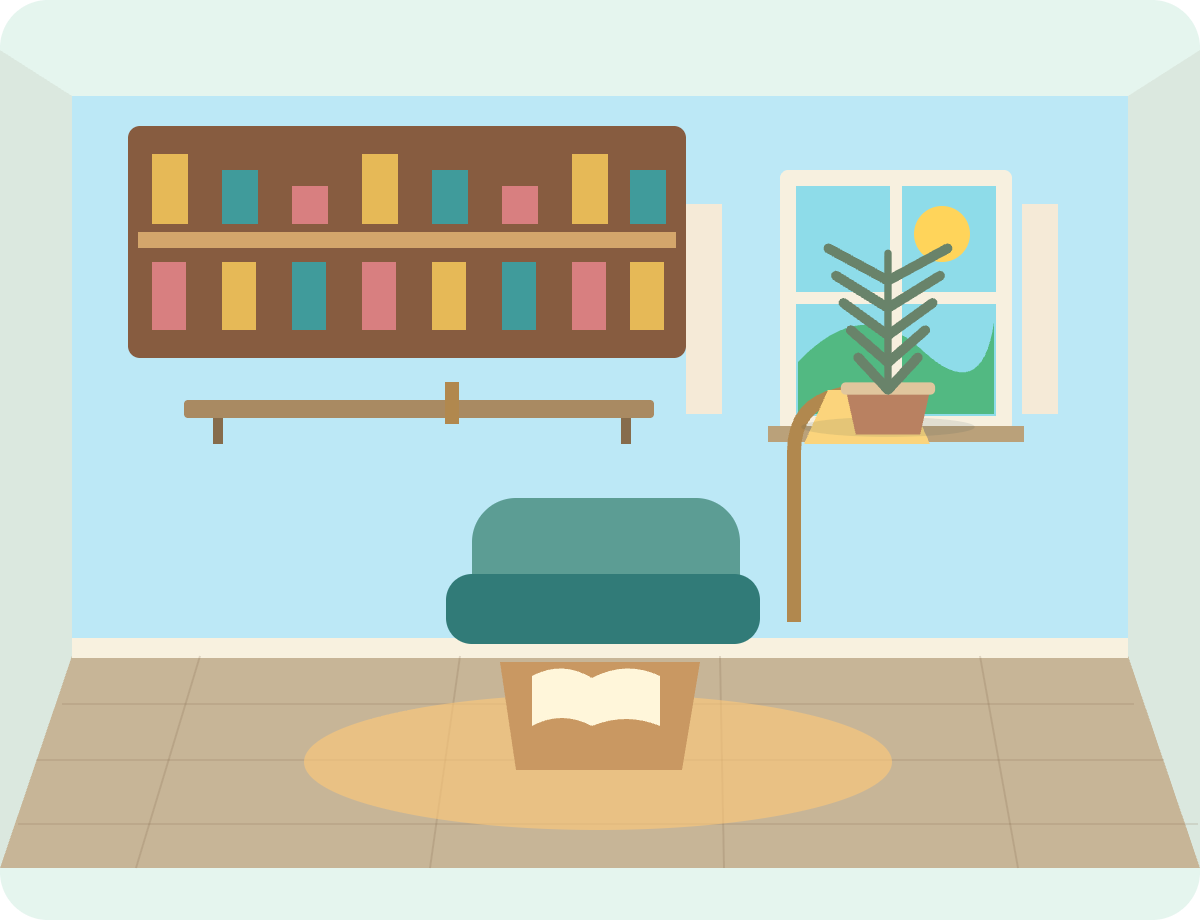 A furnished Pack the Chaos library with bookshelves, a sofa, a plant and a reading lamp.